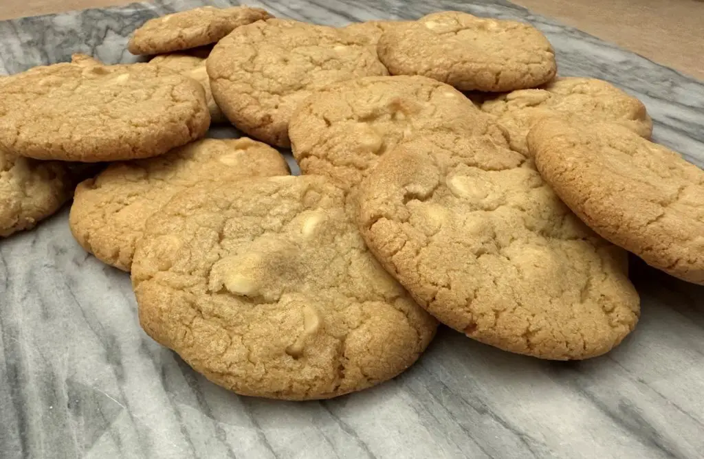 Freshly baked white chocolate macadamia nut cookies