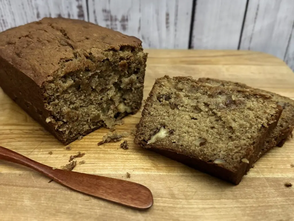 Sliced Banana Walnut Bread on cutting board.